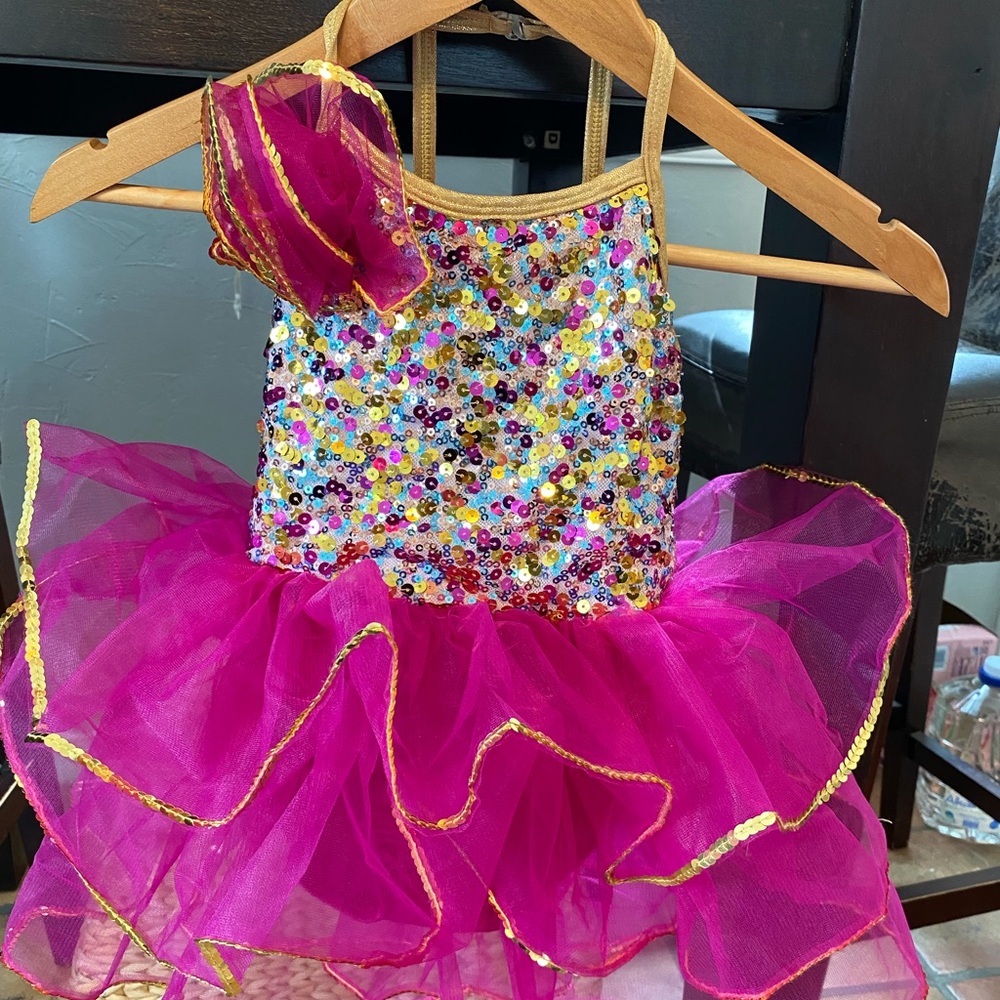 New! Pink and gold Curtain Call Dance Costume.
